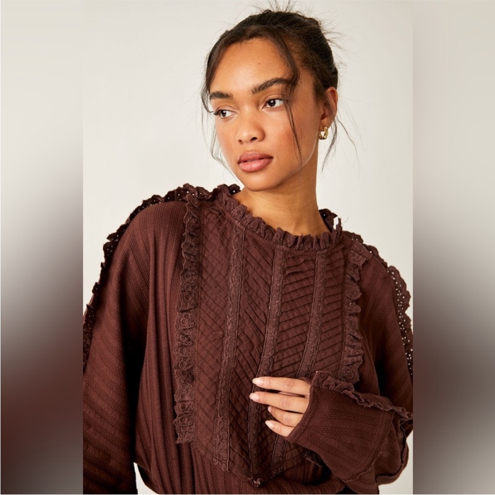 🍓Free People 🍓Brown Lace-Trimmed Sweater - Picture 1 of 14